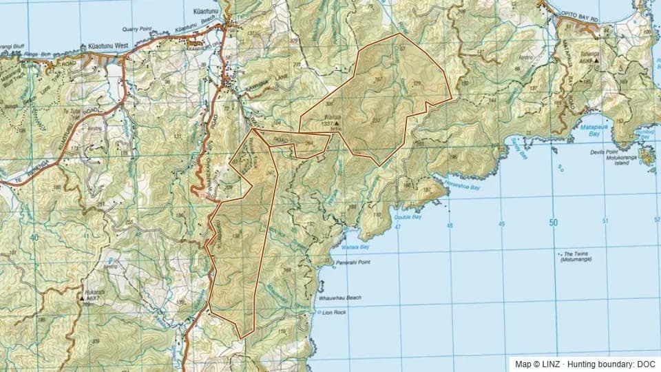 Topographic map of Coromandel Forest Park - Otama in Waikato, New Zealand, with the DOC hunting boundary outlined.