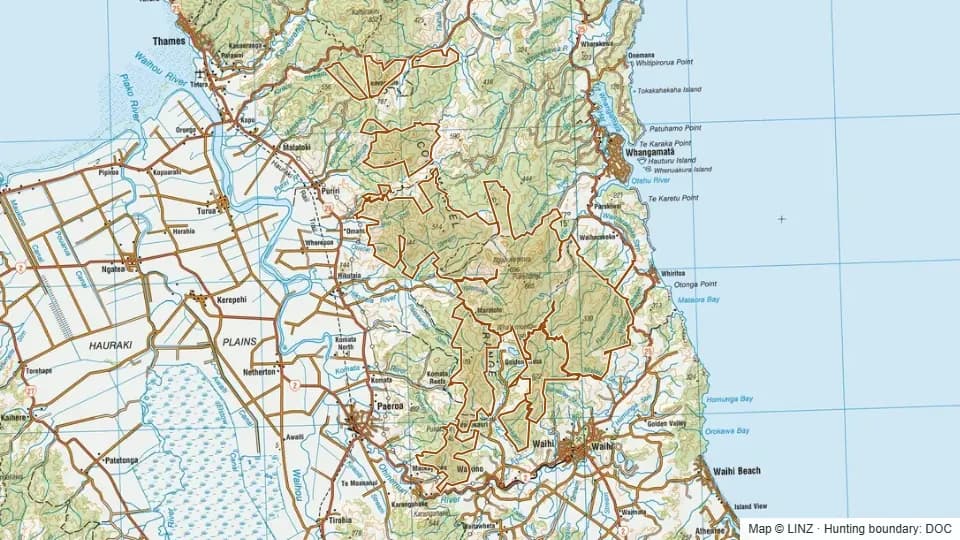 Topographic map of Coromandel Forest Park - South of Kopu Hikuwai in Waikato, New Zealand, with the DOC hunting boundary outlined.