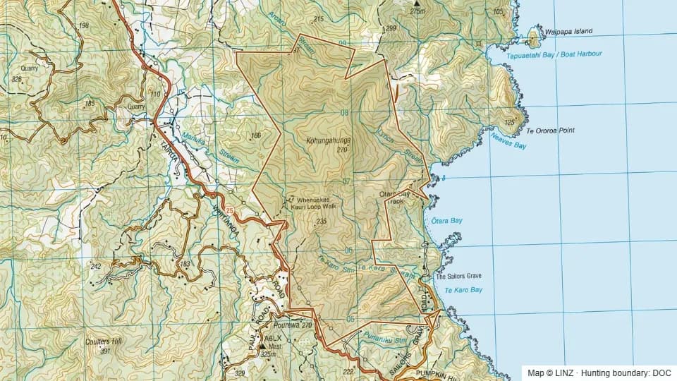 Topographic map of Coromandel Forest Park - Whenuakite in Waikato, New Zealand, with the DOC hunting boundary outlined.