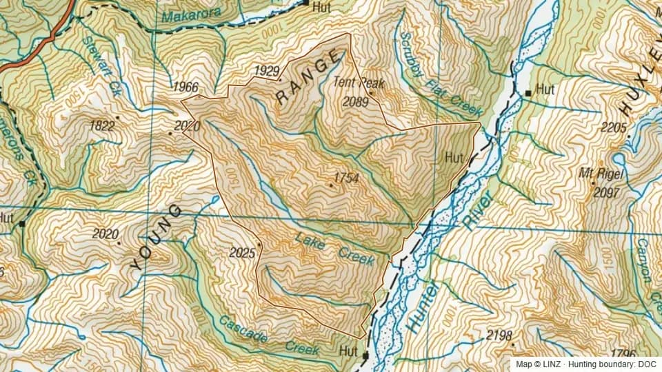 Topographic map of Cotters Creek in Otago, New Zealand, with the DOC hunting boundary outlined.