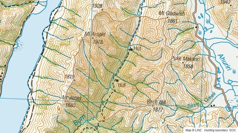 Topographic map of Cotters in Otago, New Zealand, with the DOC hunting boundary outlined.