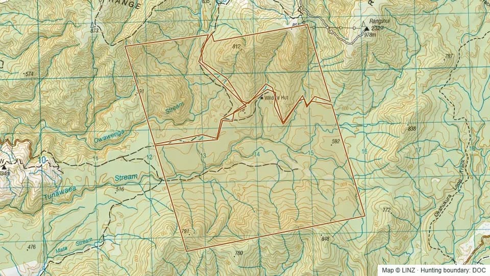 Topographic map of Cowan Wildlife Refuge in Waikato, New Zealand, with the DOC hunting boundary outlined.