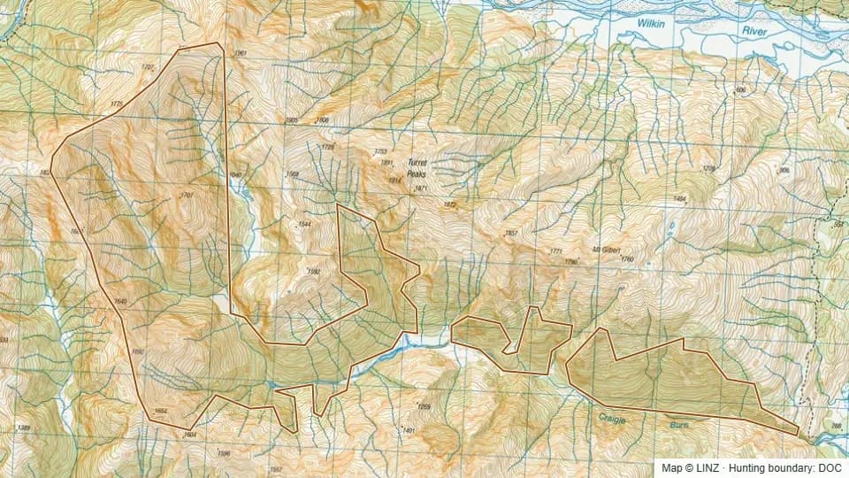 Topographic map of Craigie Burn in Otago, New Zealand, with the DOC hunting boundary outlined.