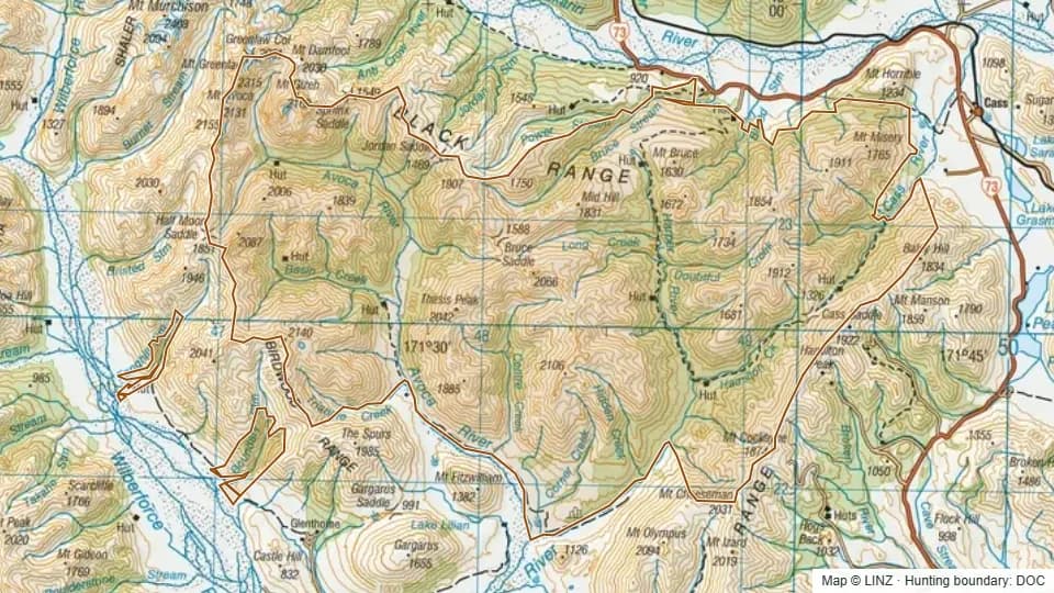 Topographic map of Craigieburn in Canterbury, New Zealand, with the DOC hunting boundary outlined.