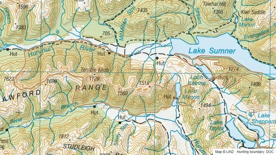 Topographic map of Crawford Range in Canterbury, New Zealand, with the DOC hunting boundary outlined.