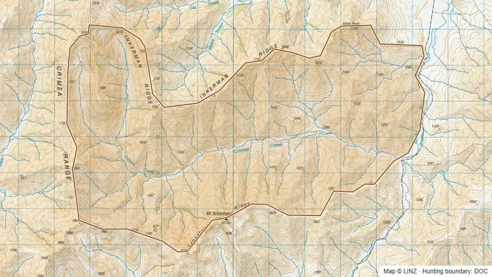Topographic map of Crimea in Marlborough, New Zealand, with the DOC hunting boundary outlined.