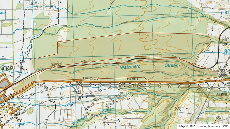 Topographic map of Dansey's Road Scenic Reserve in Bay of Plenty, New Zealand, with the DOC hunting boundary outlined.
