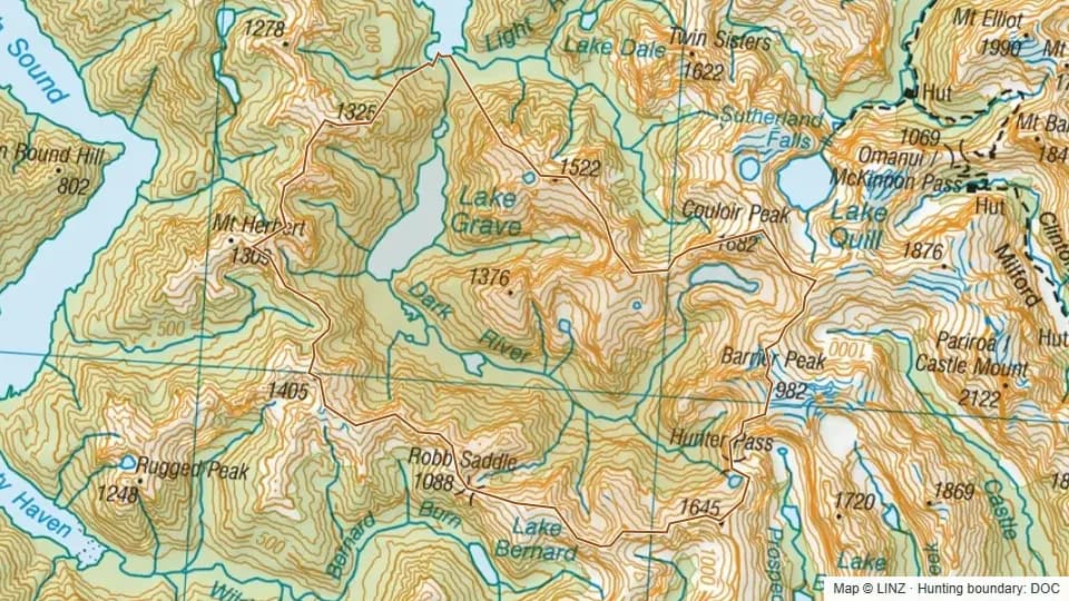 Topographic map of Dark River in Southland, New Zealand, with the DOC hunting boundary outlined.