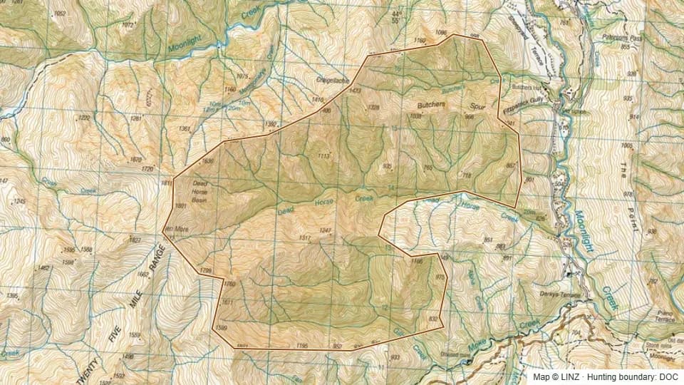 Topographic map of Dead Horse Creek in Otago, New Zealand, with the DOC hunting boundary outlined.
