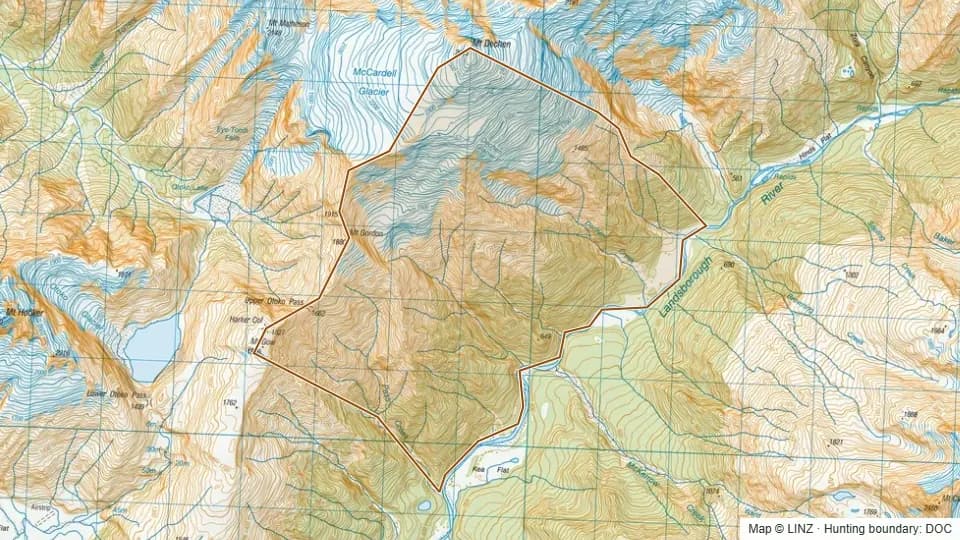 Topographic map of Dechen Creek in West Coast, New Zealand, with the DOC hunting boundary outlined.