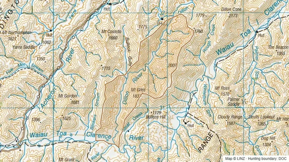 Topographic map of Dillon in Marlborough, New Zealand, with the DOC hunting boundary outlined.