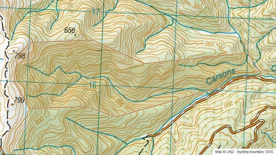 Topographic map of Dish - Blue Mountains in Otago, New Zealand, with the DOC hunting boundary outlined.
