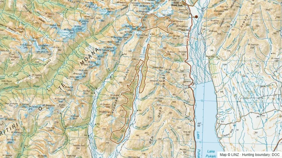 Topographic map of Dobson in Canterbury, New Zealand, with the DOC hunting boundary outlined.