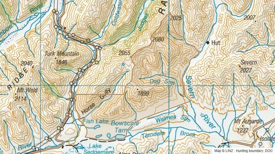 Topographic map of Dog Stream in Marlborough, New Zealand, with the DOC hunting boundary outlined.
