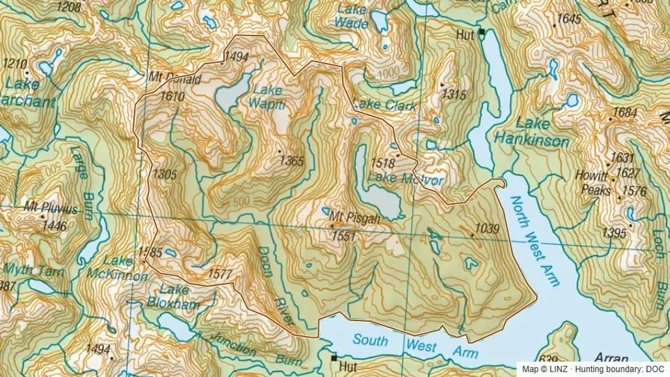 Topographic map of Doon in Southland, New Zealand, with the DOC hunting boundary outlined.
