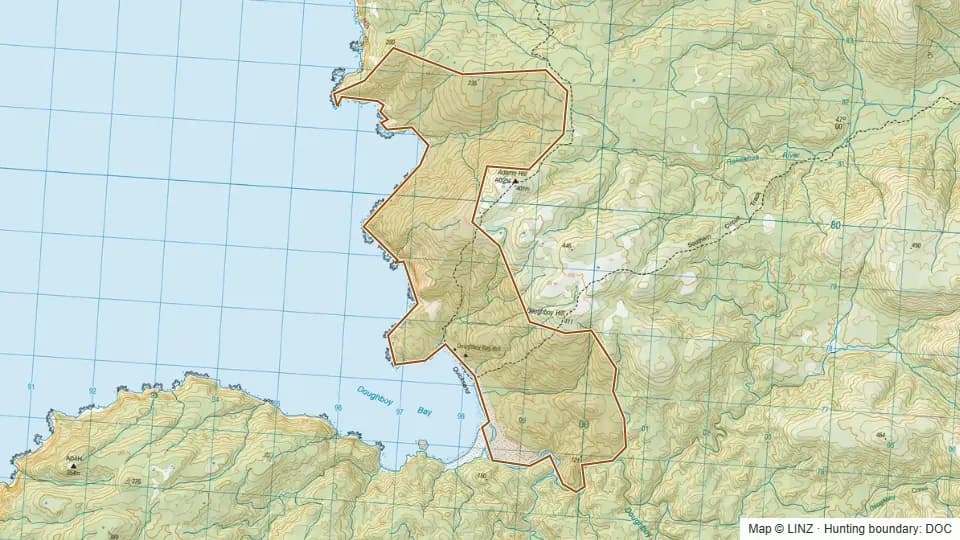 Topographic map of Doughboy in Southland, New Zealand, with the DOC hunting boundary outlined.