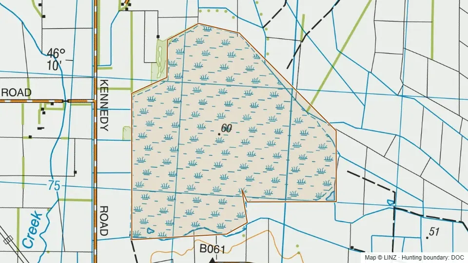 Topographic map of Drummond Swamp Wildlife Management Reserve in Southland, New Zealand, with the DOC hunting boundary outlined.