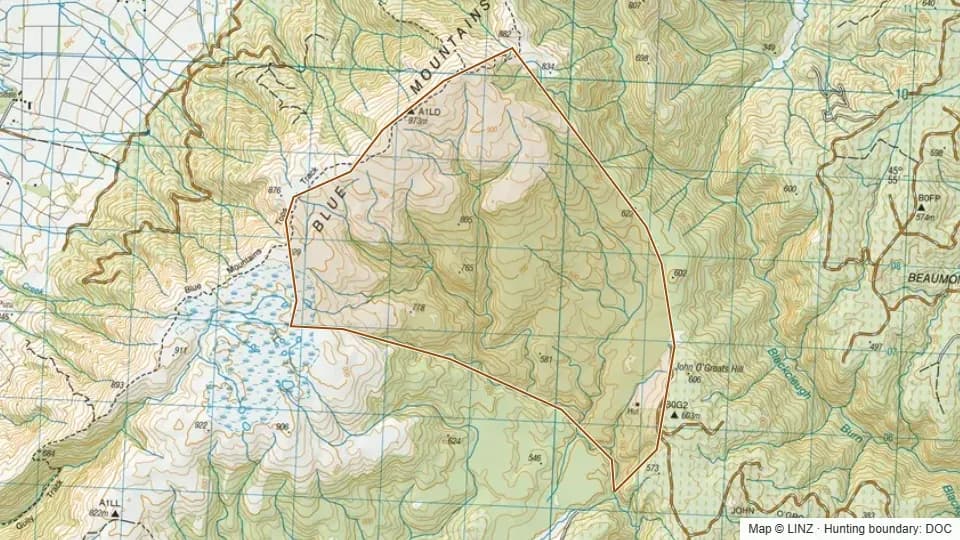 Topographic map of Dunn Creek - Blue Mountains in Otago, New Zealand, with the DOC hunting boundary outlined.
