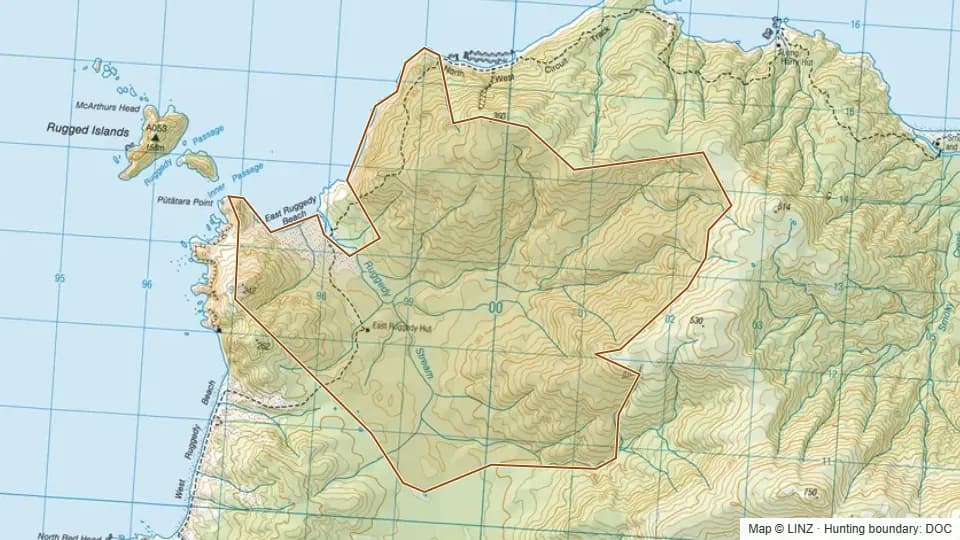 Topographic map of East Ruggedy in Southland, New Zealand, with the DOC hunting boundary outlined.