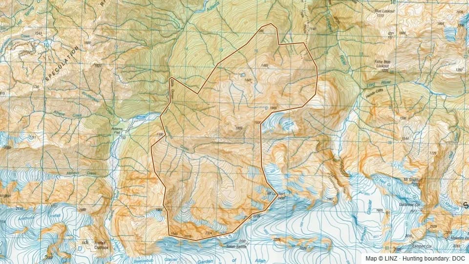 Topographic map of Eblis Tops in West Coast, New Zealand, with the DOC hunting boundary outlined.