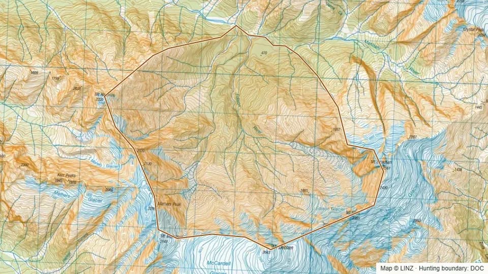 Topographic map of Edison River in West Coast, New Zealand, with the DOC hunting boundary outlined.