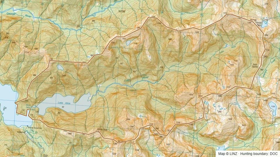 Topographic map of Edith in Southland, New Zealand, with the DOC hunting boundary outlined.
