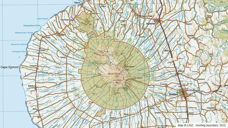 Topographic map of Egmont National Park in Taranaki, New Zealand, with the DOC hunting boundary outlined.