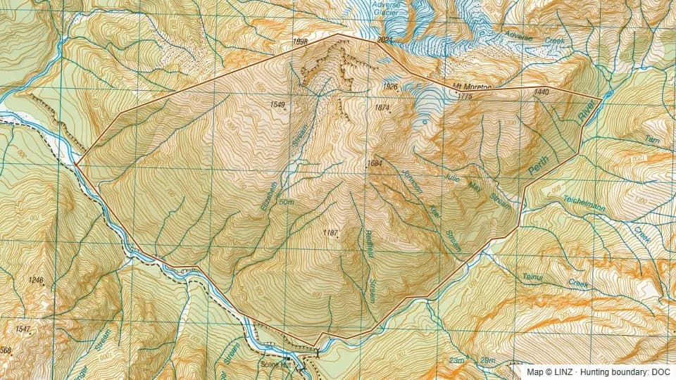 Topographic map of Elizabeth Stream in West Coast, New Zealand, with the DOC hunting boundary outlined.