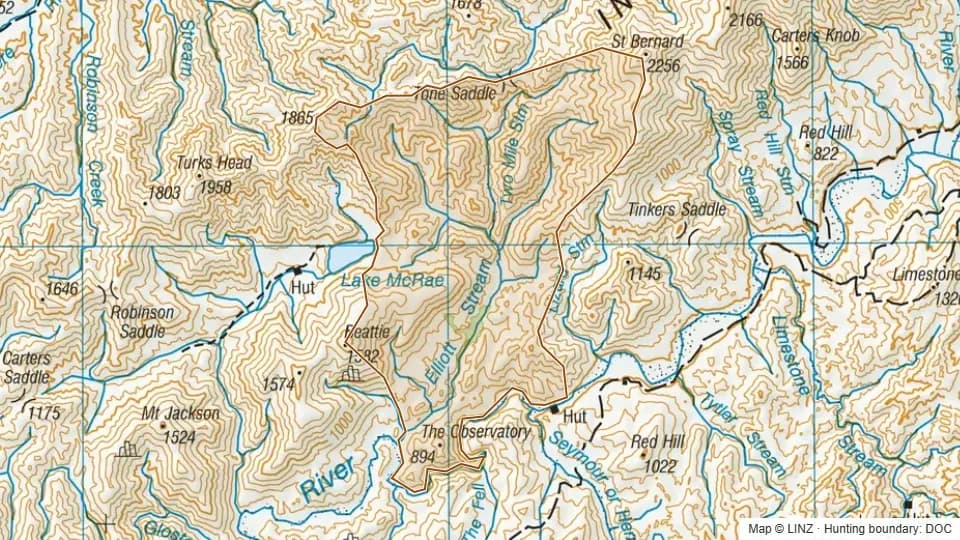 Topographic map of Elliott in Marlborough, New Zealand, with the DOC hunting boundary outlined.