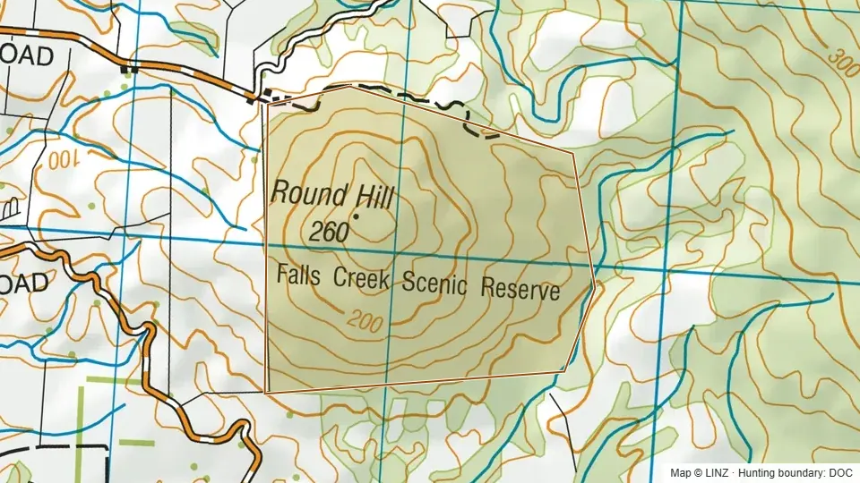 Topographic map of Falls Creek Scenic Reserve in Southland, New Zealand, with the DOC hunting boundary outlined.