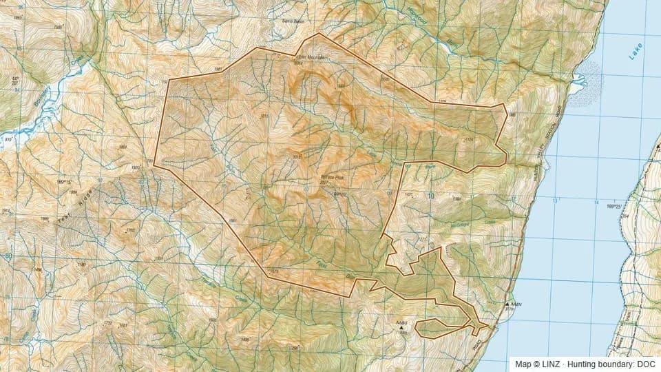 Topographic map of Fast Burn in Otago, New Zealand, with the DOC hunting boundary outlined.
