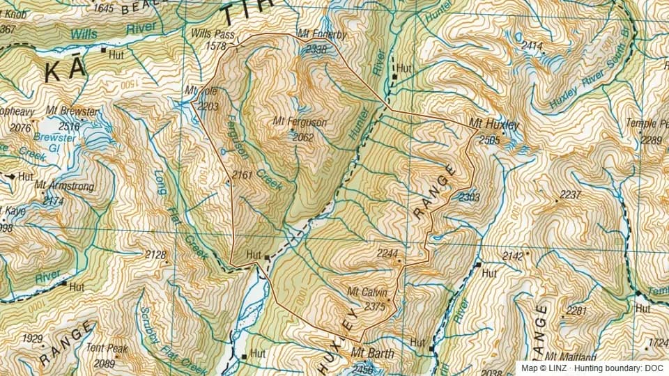 Topographic map of Ferguson in Otago, New Zealand, with the DOC hunting boundary outlined.