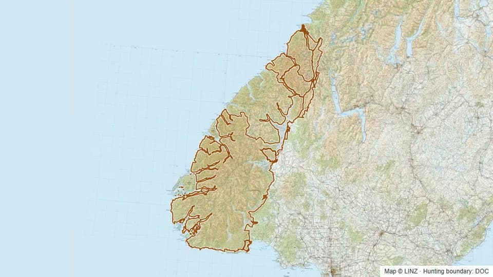 Topographic map of Fiordland National Park including adjacent PCL (excludes Wapiti Area) in Southland, New Zealand, with the DOC hunting boundary outlined.
