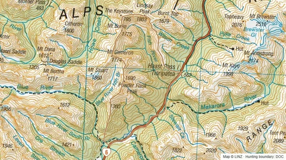 Topographic map of Fish in Otago, New Zealand, with the DOC hunting boundary outlined.