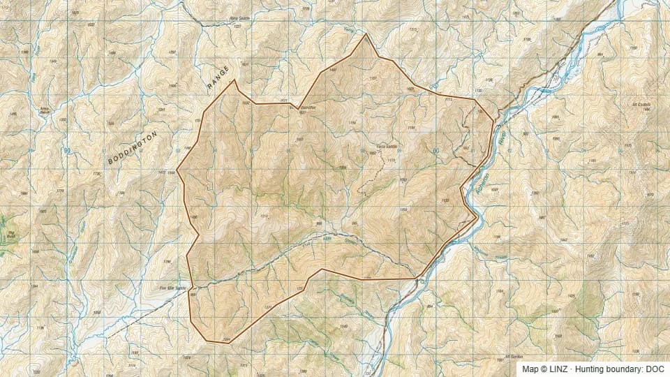 Topographic map of Five Mile in Marlborough, New Zealand, with the DOC hunting boundary outlined.