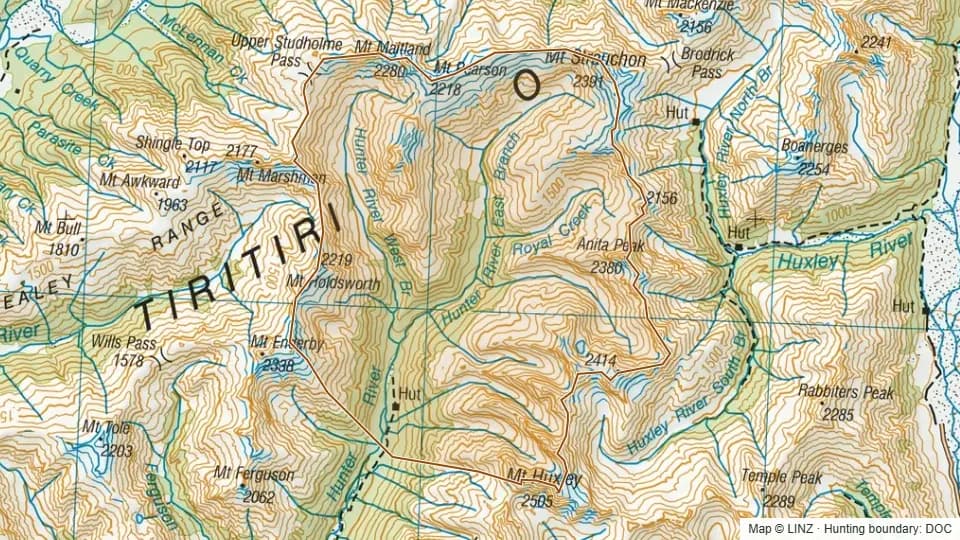 Topographic map of Forbes in Otago, New Zealand, with the DOC hunting boundary outlined.