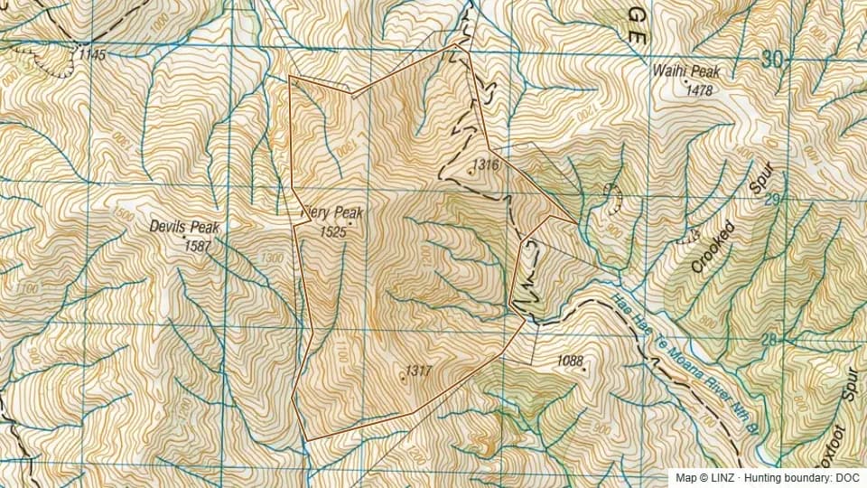 Topographic map of Four Peaks Range Conservation Area Tops in Canterbury, New Zealand, with the DOC hunting boundary outlined.