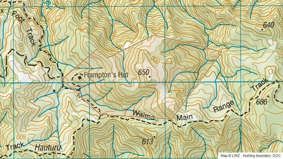 Topographic map of Frampton Sce. Res. in Northland, New Zealand, with the DOC hunting boundary outlined.