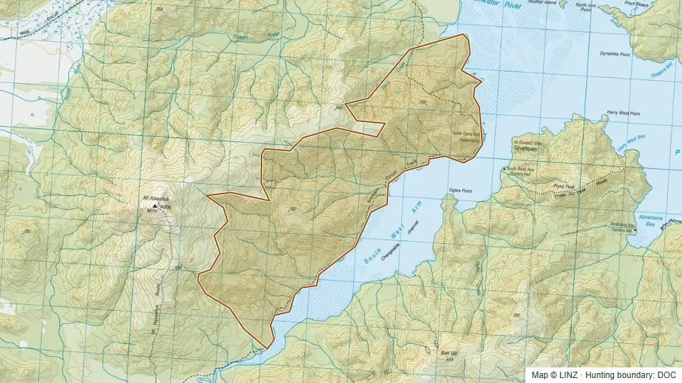Topographic map of Freds Camp in Southland, New Zealand, with the DOC hunting boundary outlined.