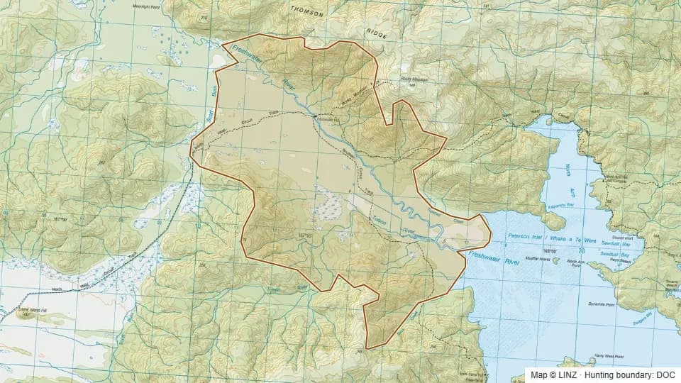 Topographic map of Freshwater in Southland, New Zealand, with the DOC hunting boundary outlined.