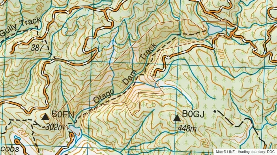 Topographic map of Gabriels Gully in Otago, New Zealand, with the DOC hunting boundary outlined.