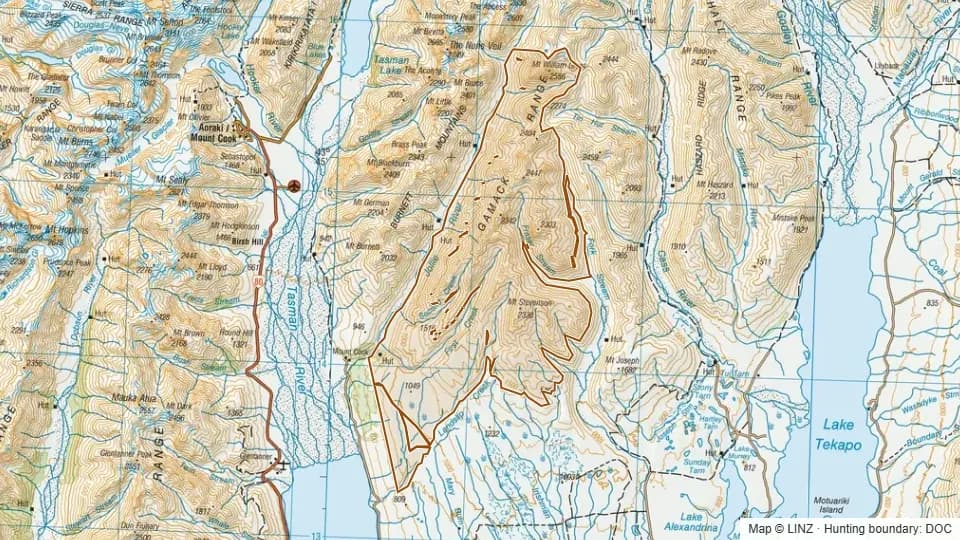 Topographic map of Gamack in Canterbury, New Zealand, with the DOC hunting boundary outlined.