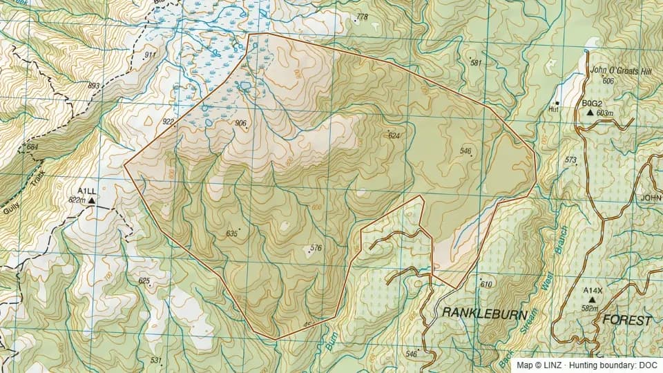 Topographic map of Garden Gully - Blue Mountains in Otago, New Zealand, with the DOC hunting boundary outlined.