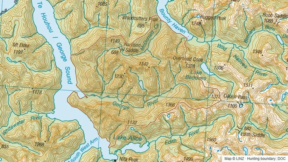Topographic map of George River in Southland, New Zealand, with the DOC hunting boundary outlined.
