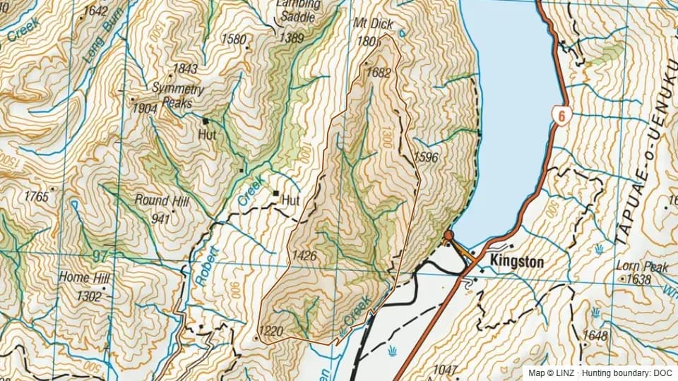 Topographic map of Glen Allen in Southland, New Zealand, with the DOC hunting boundary outlined.