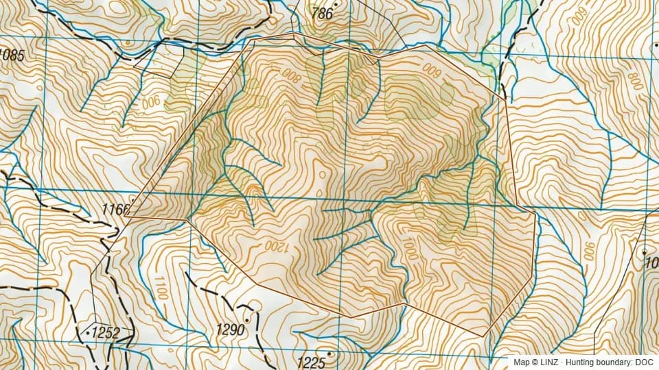 Topographic map of Glen Creek in Canterbury, New Zealand, with the DOC hunting boundary outlined.