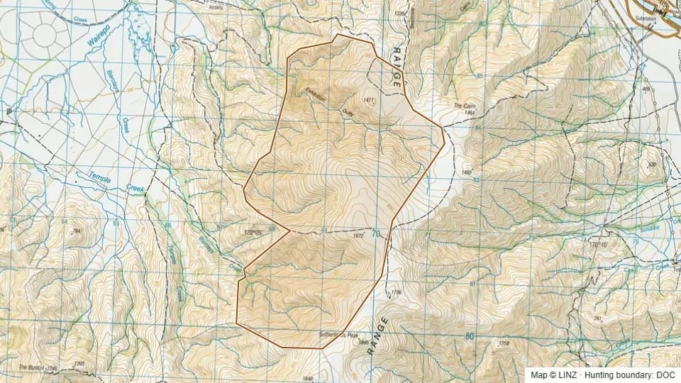 Topographic map of Glenbrook - Firearms prohibited on access tracks in Canterbury, New Zealand, with the DOC hunting boundary outlined.