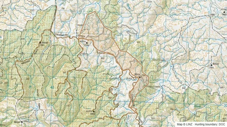 Topographic map of Glendhu Tussock Reserve in Otago, New Zealand, with the DOC hunting boundary outlined.