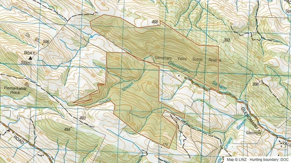 Topographic map of Glenomaru in Otago, New Zealand, with the DOC hunting boundary outlined.