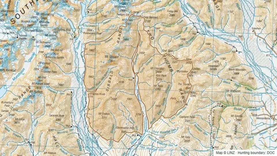 Topographic map of Godley - Macaulay in Canterbury, New Zealand, with the DOC hunting boundary outlined.